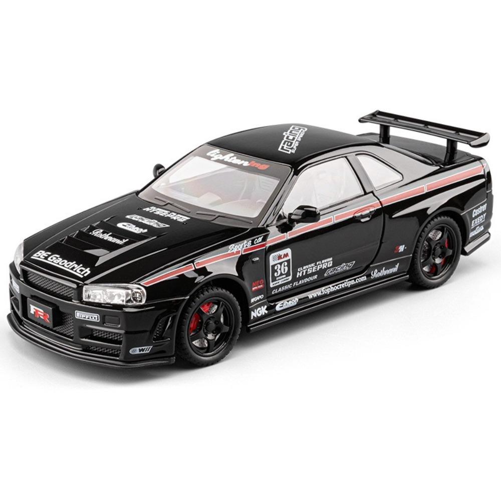 1/24 Nissan Skyline Ares GTR GT-R R34 Спортивный автомобиль из сплава Модель Металлическая литая Модель гоночного автомобиля на трассе Автомобиль Игрушка для детей Звук и свет Подарок