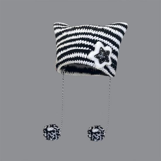 Japanese Style Cat Ear Beanie Hat Star Striped Print Knitting Hat Autumn Winter Plush Ball Pendant Warm Hat