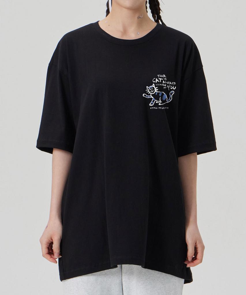 ASTRAL PROJECTION [Doodle Cat] Cotton Loose Fit Short Sleeve T-Shirt_Black