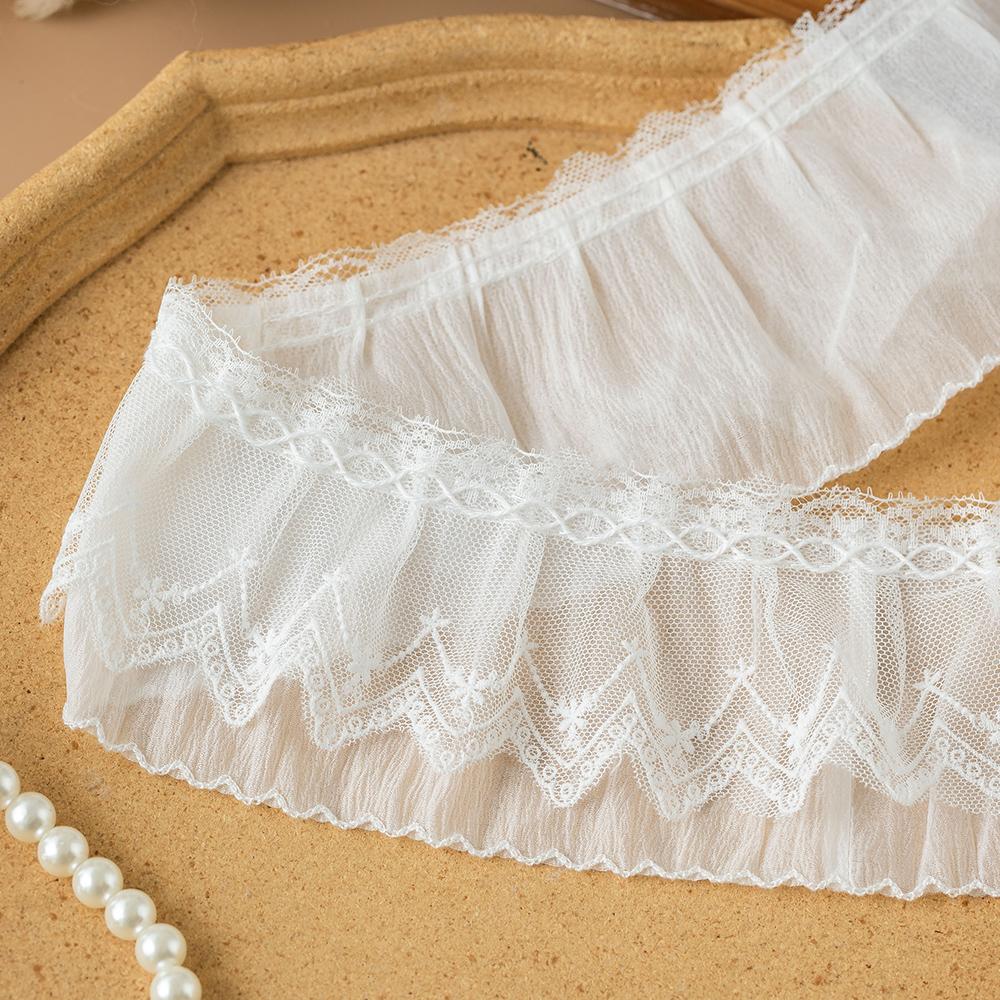 8CM Wide White Two Layers 3D Pleated Mesh Ribbon Chiffon Fabric Embroidered Ruffle Trim DIY Dress Apparel Collar Sewing Decor