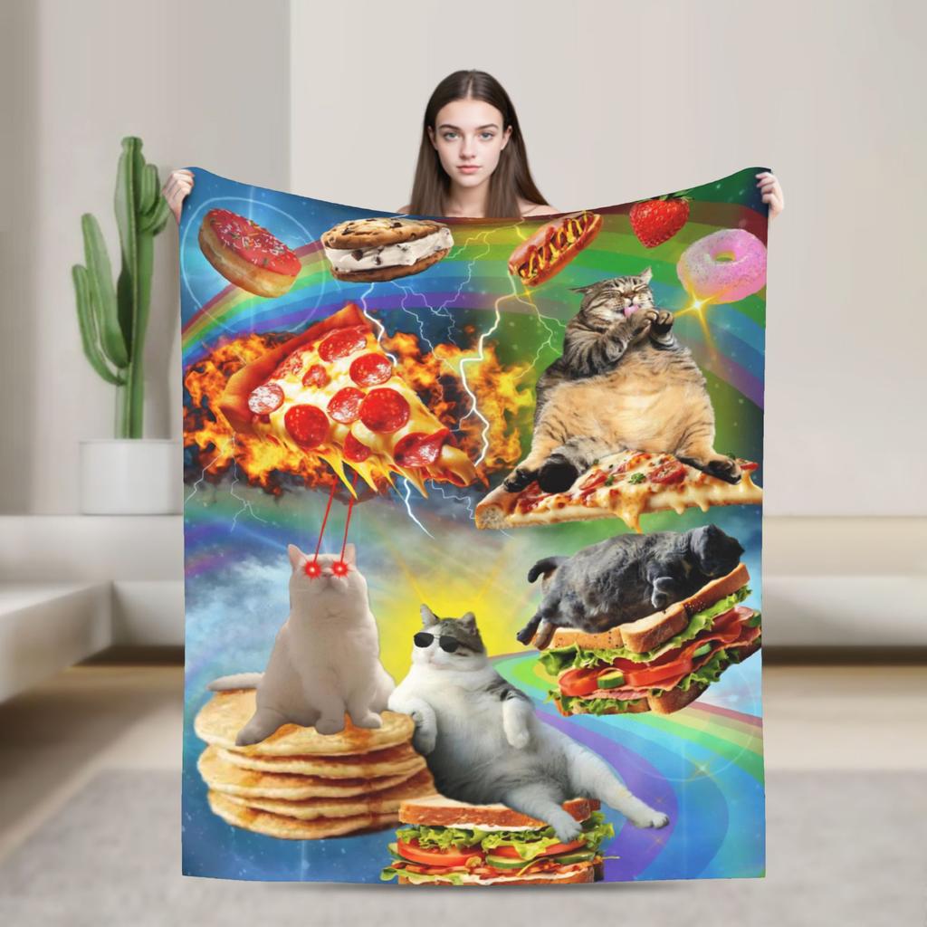 Outer Space Pizza Cat Rainbow Laser Eyes Blanket Flannel Winter Portable Soft Throw Blanket for Bedding