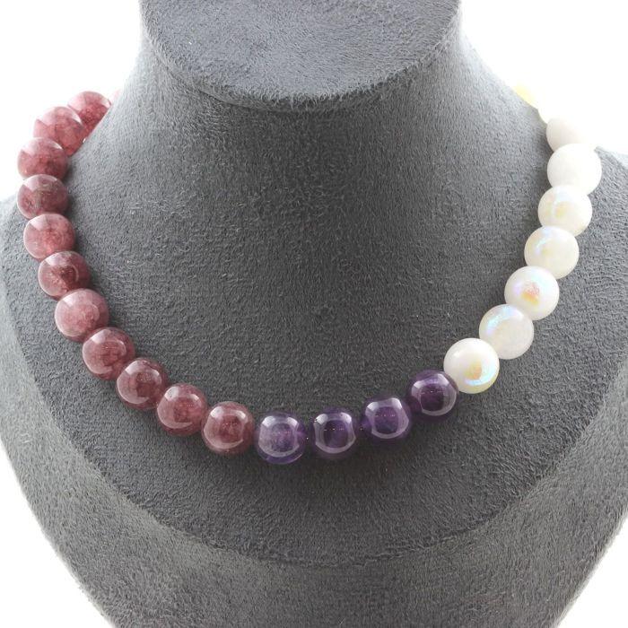 Pierres et Minéraux. Collier perles Améthyste 10 mm + Pierre de lune 10 mm + Lépidolite 10 Collier femmes, hommes. Taille personnal
