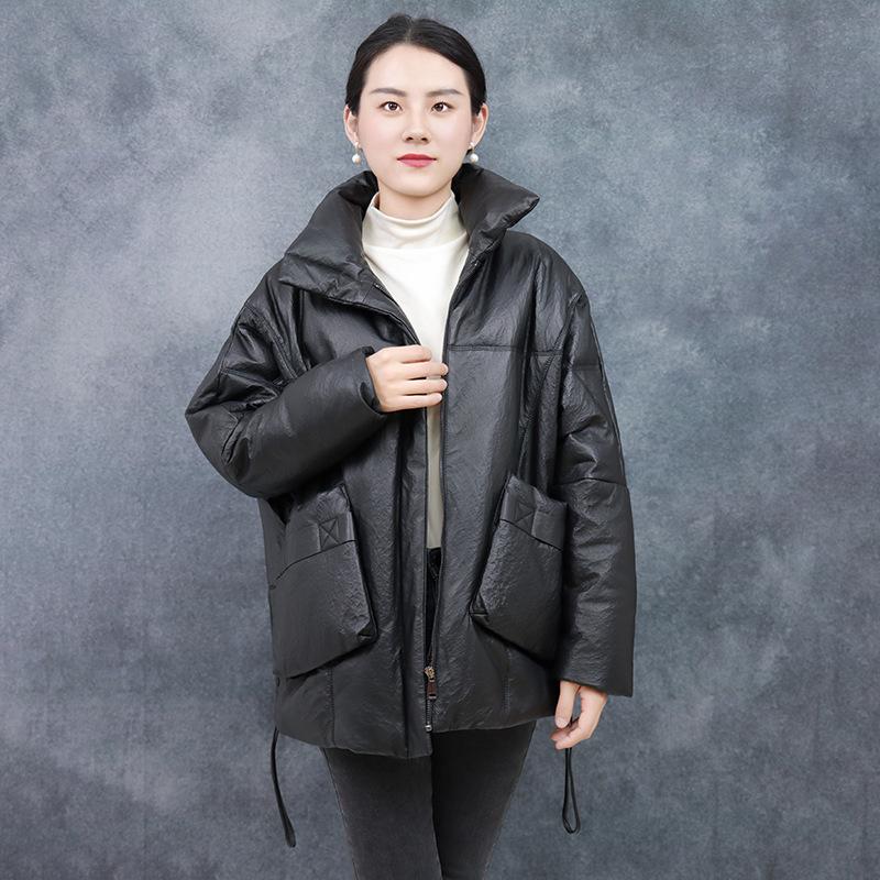 Новая женская куртка из натуральной овчины, полностью растительного дубления, средней длины, черного цвета, элегантная, повседневная и универсальная.