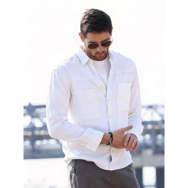 Mens European Size Japanese Style Double Pockets Long Sleeve Casual Shirt