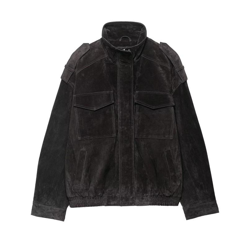 Женская Оверсайз Куртка из Искусственной Кожи в Винтажном Streetwear Стиле Материал ПУ Воротник-стойка Молния спереди Черный Хаки