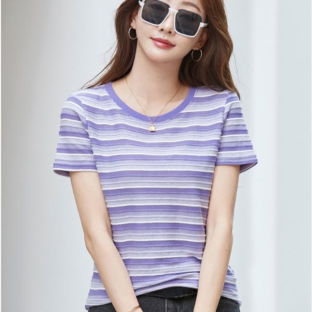 Summer Women's T-shirt Loose Round Neck Short Sleeve Striped Top