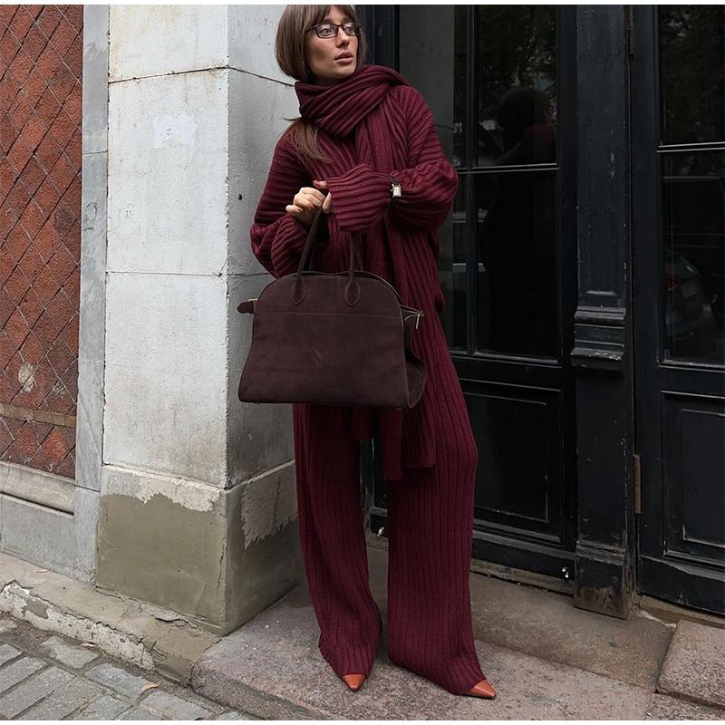 Свободные трикотажные женские комплекты с V-образным вырезом, длинным рукавом, шарфом, пуловером, длинными брюками, трикотажный женский костюм, осенне-зимние повседневные женские костюмы