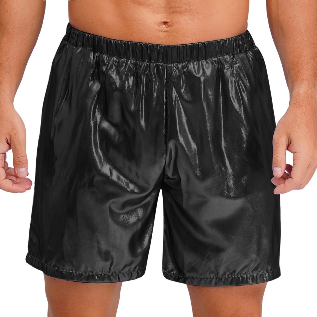 Mens Shiny Boxer Shorts Elastic Waistband Side Pocket Design Loose Fit Glossy Beach Shorts Loungewear