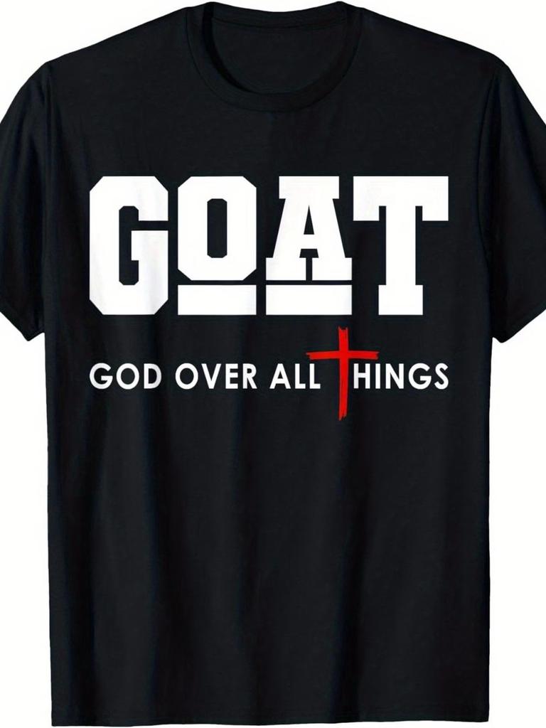 GOAT Graphic Tee - Black Crew Neck with White Lettering And Red Cross Design |
