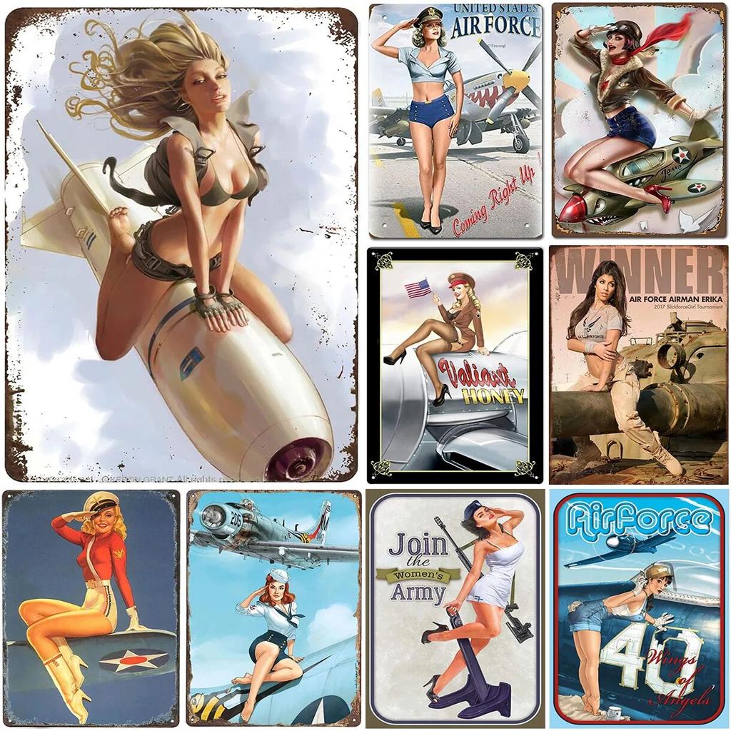 Military PinUp Girl Vintage Metal Tin Signs Sexy Army Lady Hot Woman Funny Wall Decor For Home Bar Pub Garage Coffee Man Cave