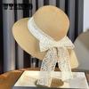 Summer Fashion Lace Bow Beach Travel Sun Hat, 100% Paper Straw Crocheted Flat Top Hat with Buckle Closure, Unisex Sun Protection for Weddings