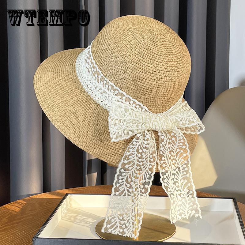 Summer Fashion Lace Bow Beach Travel Sun Hat, 100% Paper Straw Crocheted Flat Top Hat with Buckle Closure, Unisex Sun Protection for Weddings