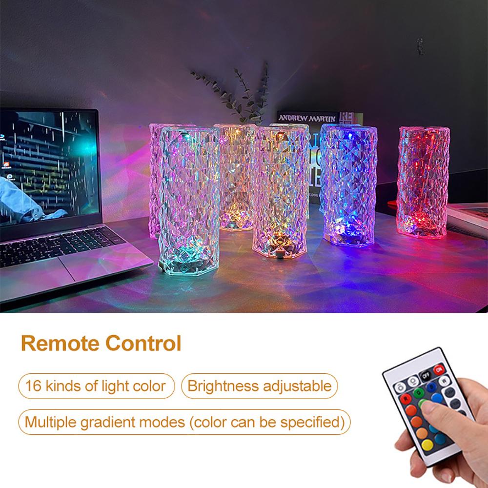 Rechargeable LED RGB Rose Diamond Crystal Table Lamp Night Light Remote Control