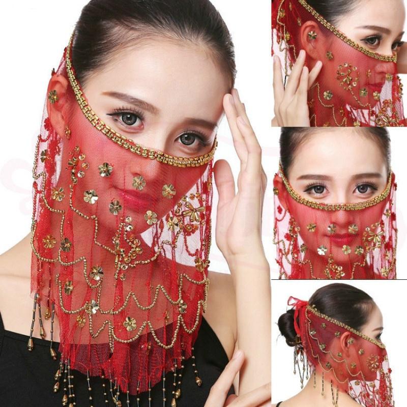 Beautiful Lady Belly Dance Dancing Face Mask Voile Wrap Scarf Sequin Perform Accessory