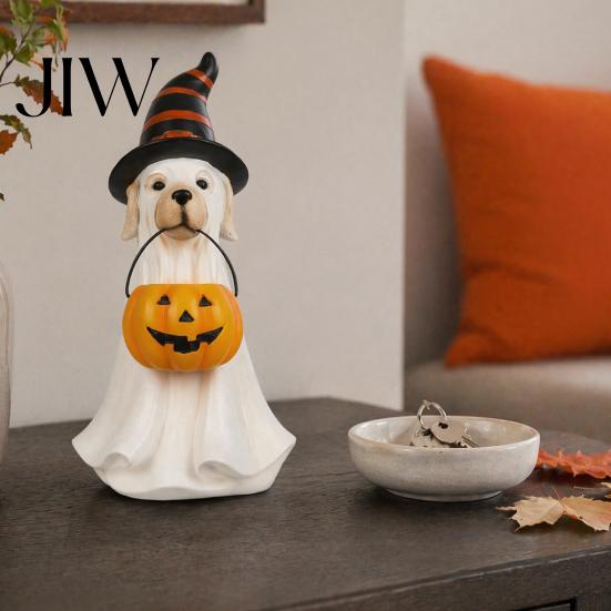 Cute Halloween Party Favors Ghost Dog Figurine, Wizard Hat Pumpkin Resin Statue, Tabletop Decor Festive for Entryway Bar Window Party, Lovely Holiday