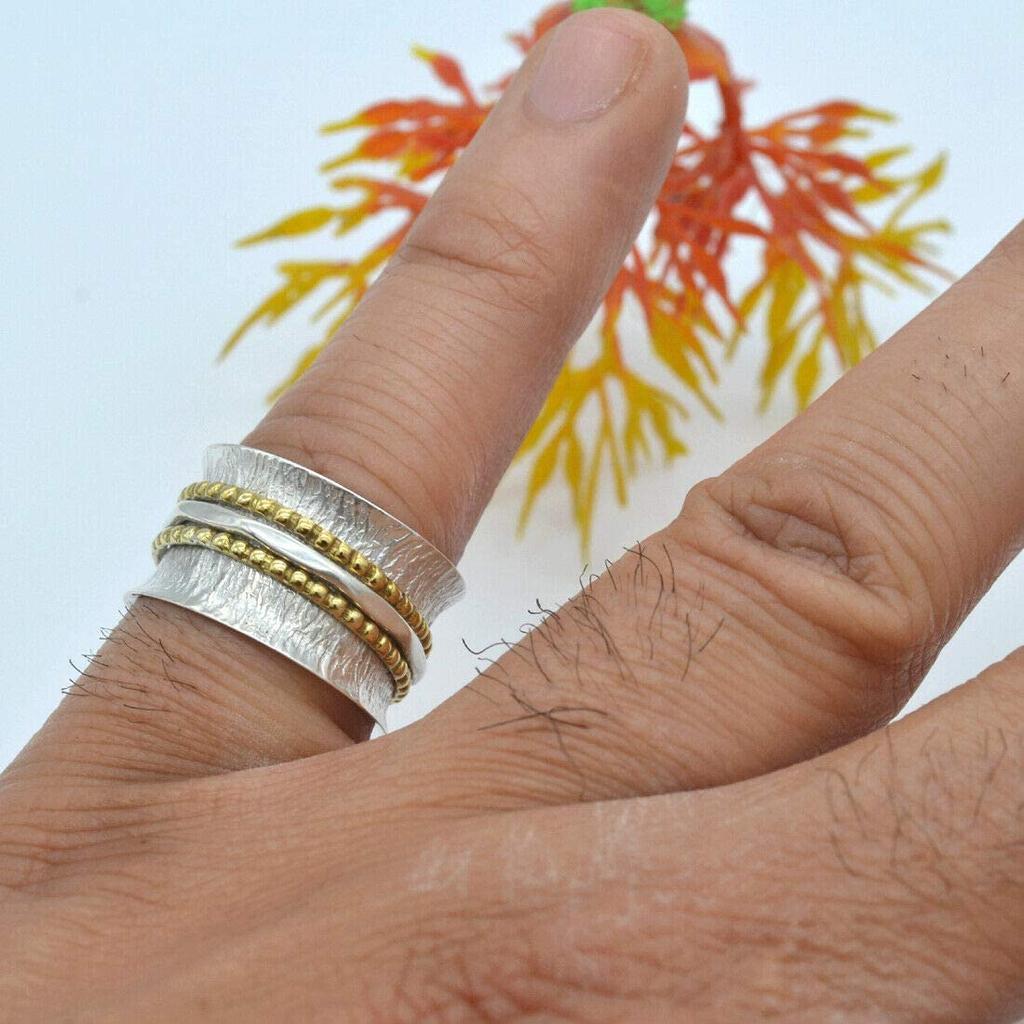 Стерлинговое серебро 925 пробы, двухцветное кольцо для медитации, ручной работы, серебряное латунное кольцо для медитации