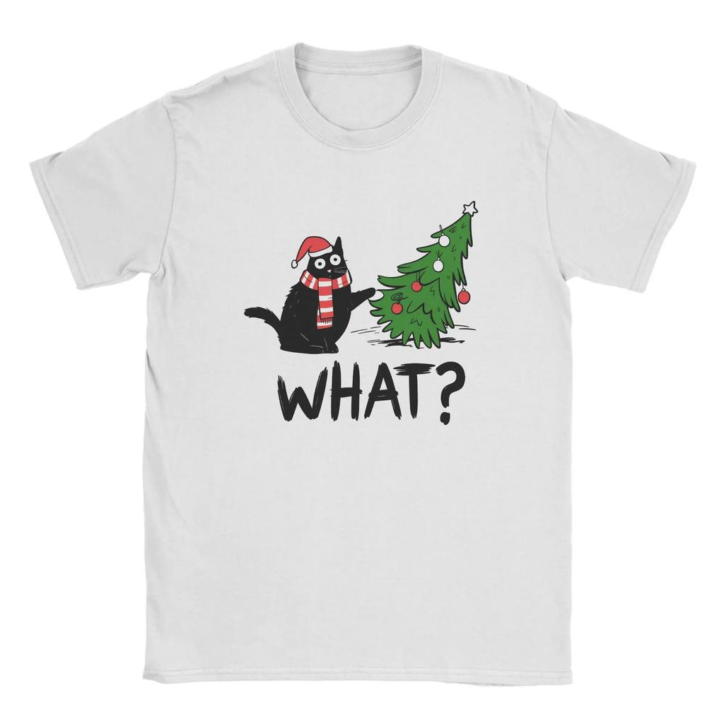 Cat Christmas T Shirts for Men Cotton Humor T-Shirt Round Collar What Tee Shirt Short Sleeve Tops Gift Idea