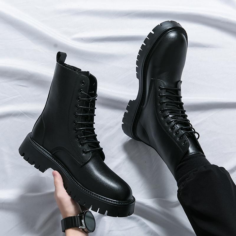 Black Ankle Boots for Men Lace-up Zipper Pu Safety Shoes Motorcycle Boots Gray Brown Platform Boots