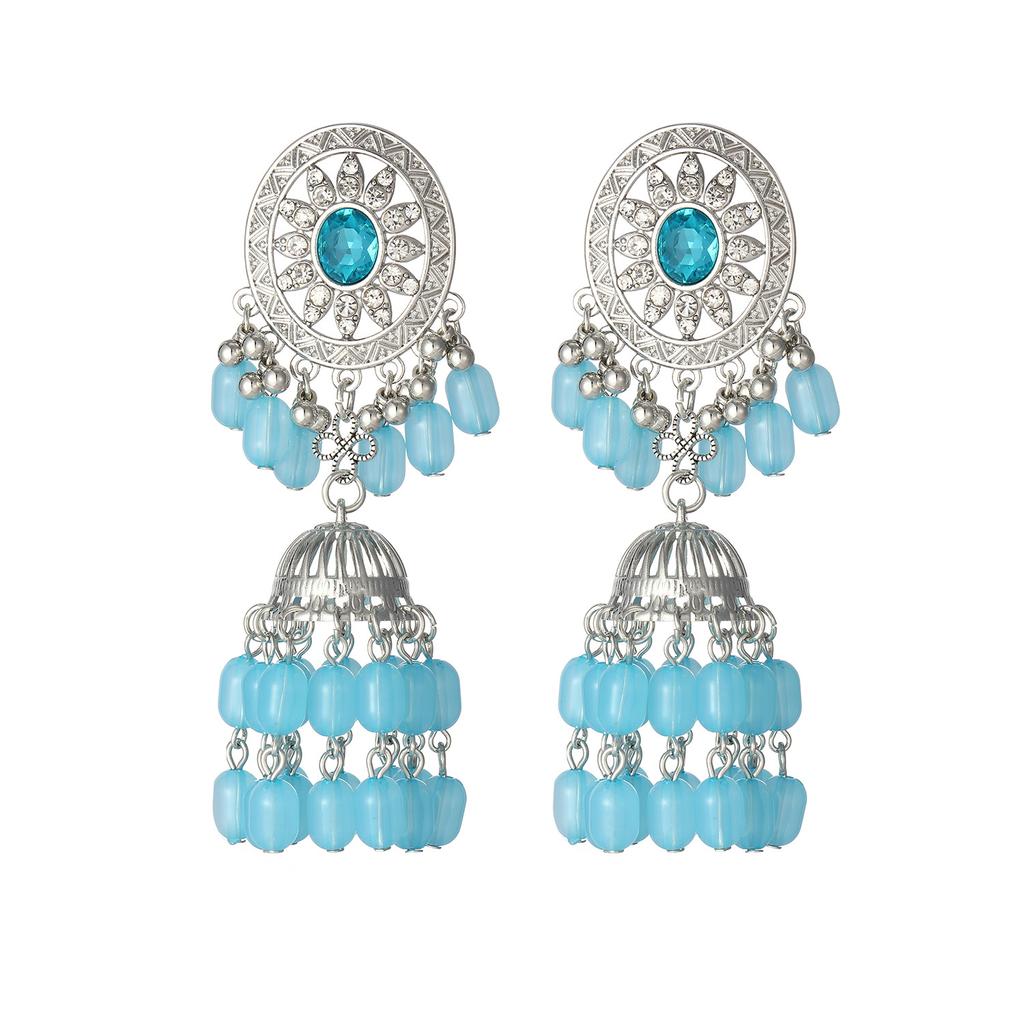 Bohemian ethnic style diamond-embellished bell tassel earrings, exaggerated European and American retro, unique and high-end earrings
