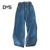 Women Jeans Straight Wide Leg High Waist Solid Color Loose Pockets Button Zipper Closure Retro Floor Length Streetwear Long Trousers
