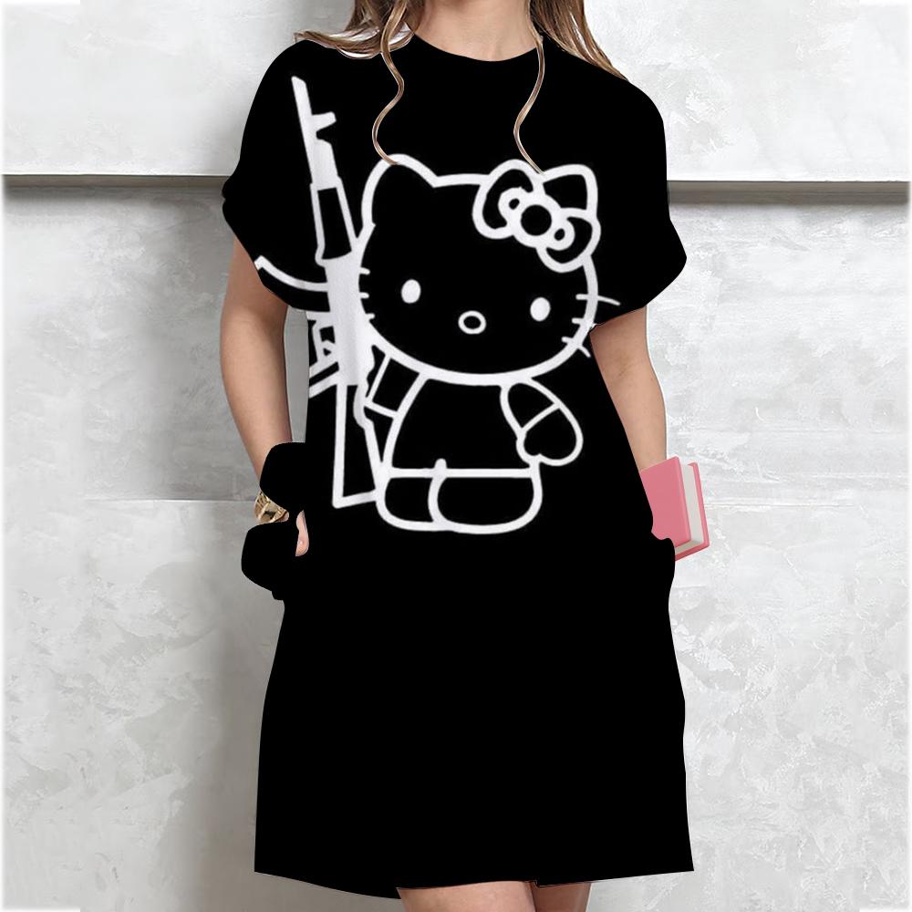 Женское Повседневное Платье-футболка с коротким рукавом Винтажный принт Hello Kitty Свободное Мини-платье Элегантное Простое Мини-платье Streetwear Сарафан