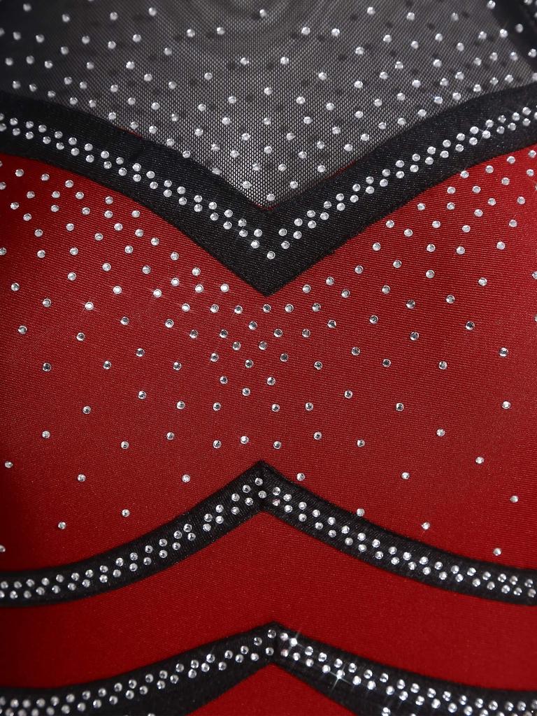 Женский спортивный боди S-XXL: Сетчатый длинный рукав со стразами, вырезом на спине и застежкой внизу для гимнастики, фигурного катания