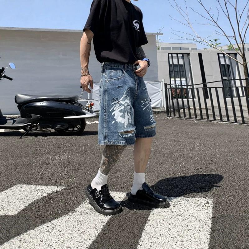 American Vintage Graffiti Denim Shorts Loose Wide Leg Distressed Raw Hem Casual Streetwear
