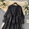 Autumn Holiday Embroidery Hollow Out Dress Women's Lantern Sleeve O Neck Lace Trims Solid Color Evening Party Midi Dresses
