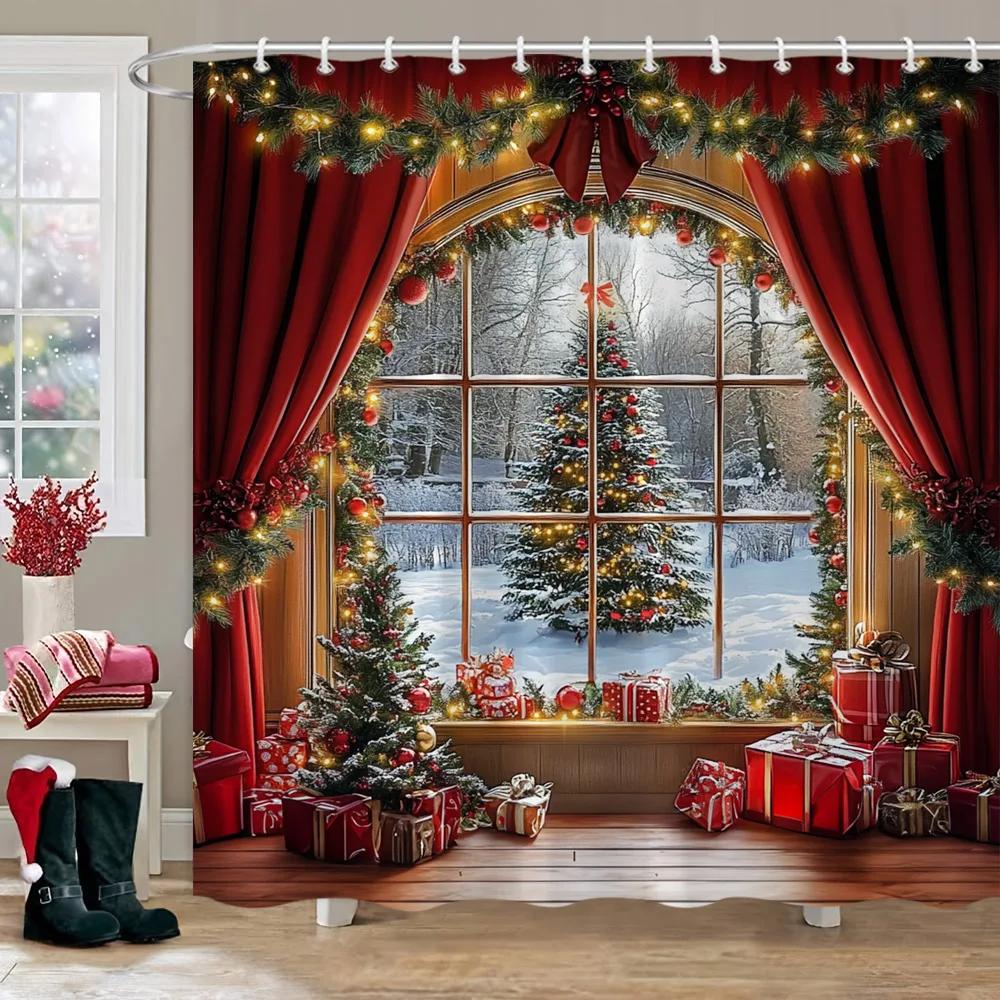 Рождественские украшения Душевая занавеска Зимняя снежная сцена Рождественская елка Рождественские подарки Полиэстер Душевая занавеска Декор для ванной комнаты