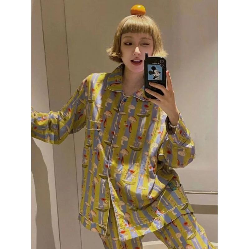 Полосатая повседневная пижама с длинными рукавами для девочек, женская, весна и осень, новый большой размер, домашняя одежда, комплект из двух предметов