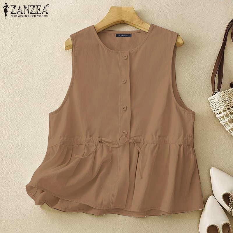 ZANZEA Женские летние рубашки с круглым вырезом без рукавов на завязках