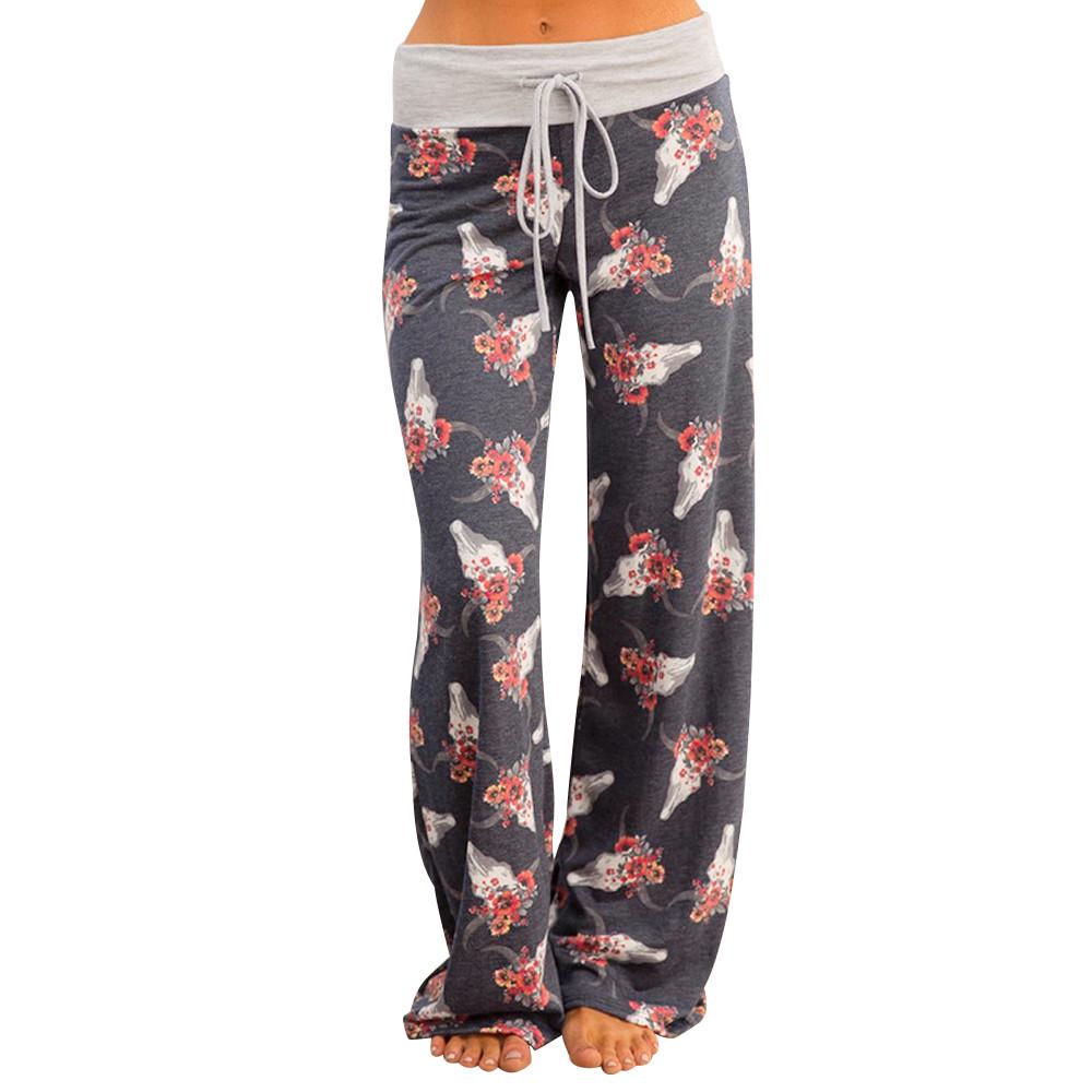 Women Ladies Summer Floral Prints Drawstring Wide Leg Pants Leggings