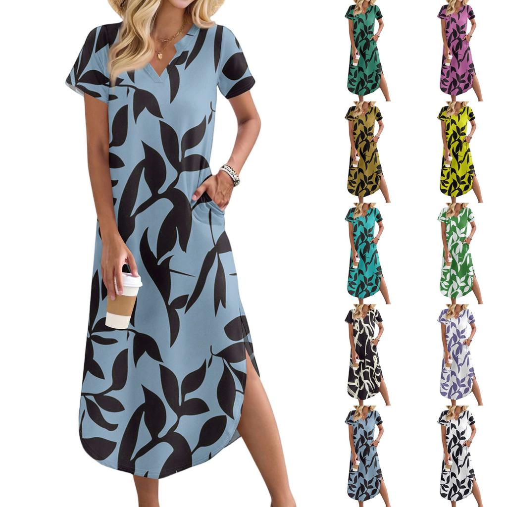 Women's Casual Comfortable V Neck Loose Hem Split Vacation Short Sleeve Floral Long Dresses