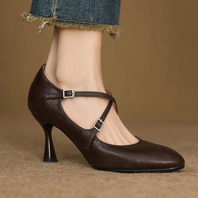 Овчина мода весна осень шпильки высокие каблуки женские круглый носок туфли Мэри Джейн неглубокие лодочки