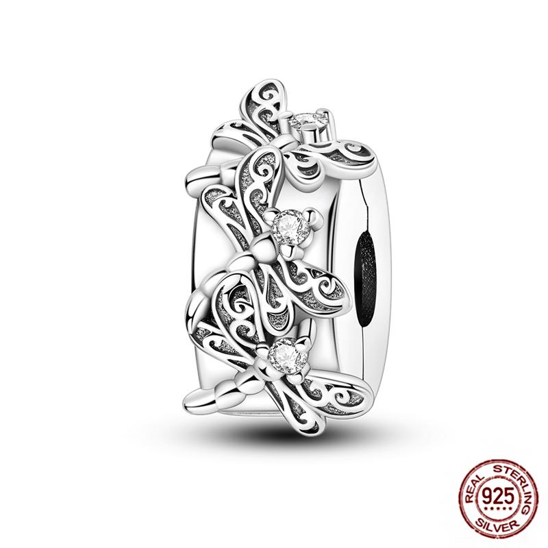 Round 925 Copper Clasp Pave Clip Charms Blue Star Moon Butterfly Slide Safety Chains Spacer Beads Fits Original Bracelet Zircon