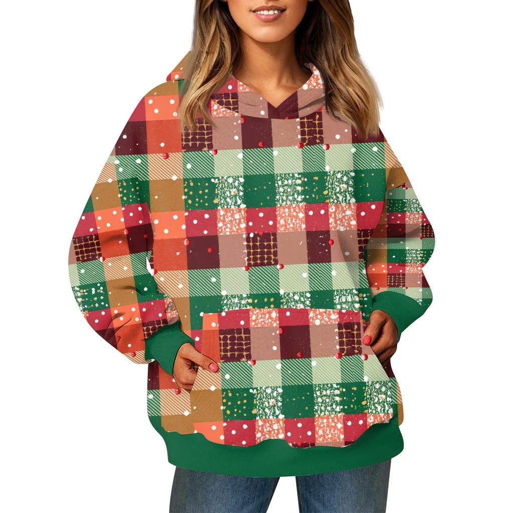 Ladies' Fashionable Long Sleeved Pullover With Christmas Print Hooded Pocket Sweatshirt