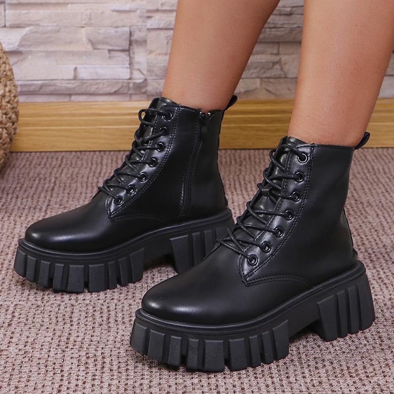Fashion Women's Chunky Platform Ankle Boots Thick Bottom Non Slip Combat Boots Woman Fashion Lace Up Black PU Leather Botas Mujer 2025