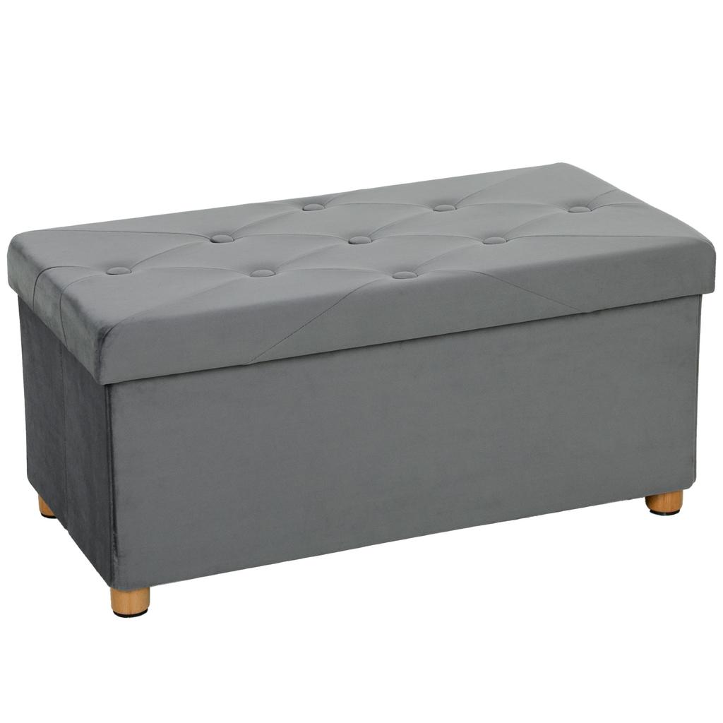 Velvet Upholstered Foldable Ottoman Footrest, Storage Ottoman Bench with Wood Legs for Living Room, Grey