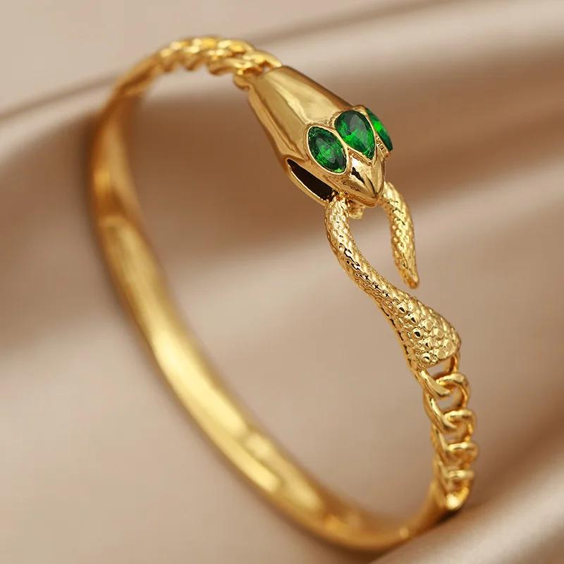 FYSARA Green Eye Snake Shape Desgin Stainless Steel Bracelet Clasp Titanium Steel Bangle for Women Geometric Zircon Gifts