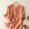 Women's Casual Clothing Blouses O-Neck Embroidery Loose Button Tunic Shirts Cotton Linen Tops