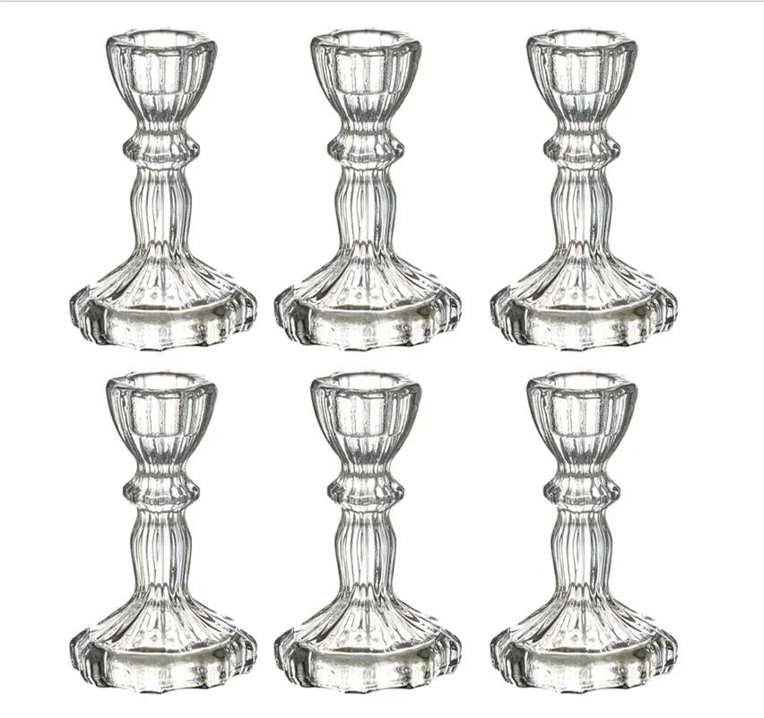 6pc Crystal Candle Holders Centerpiece for Table Dinning Party Wedding Decorations Glass Taper Candlestick Holders Set Bulk
