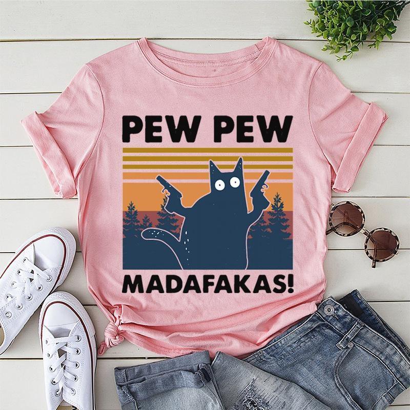 Новая футболка Pew Pew Madafakas Новинка Смешная кошка Винтажная с круглым вырезом Мужская футболка Смешная футболка