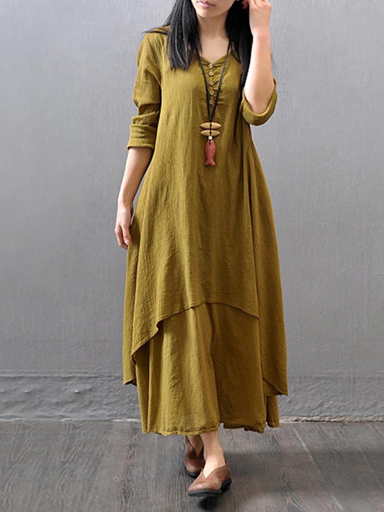 Элегантное винтажное свободное платье с V-образным вырезом из двух частей, женское модное дизайнерское однотонное платье с длинным рукавом и оборками, женская шикарная тонкая нестандартная одежда