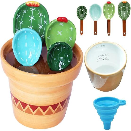 Cactus Measuring Spoons Set in Pot Unique Measuring Cups and Spoons for Coffee Salt Sugar Novelty Cute Baking Gifts Dishwasher Safe Ceramic Measuring