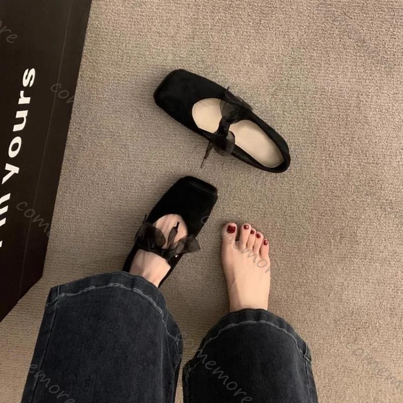 Мода Comemore Французский Ретро Стиль Балетки Одинарные Туфли Женские Квадратный Носок Мягкая Подошва Туфли Мэри Джейн Однотонные На Шнуровке Повседневные Балетки