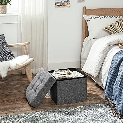Foldable Storage Footrest Stool Ottoman and Linen Fabric Dark Gray 38 X 38 X 38 Cm