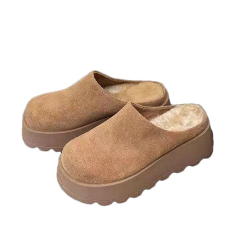 Модные женские туфли-мюли на платформе с открытой пяткой, замшевые туфли на плоской подошве, женская мода 2025 года, повседневные зимние теплые хлопковые тапочки, шлепанцы