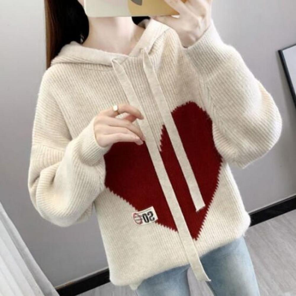 Navava Women Casual Heart Ribbed Long Sleeve Hoodie Knit Top Nk2824