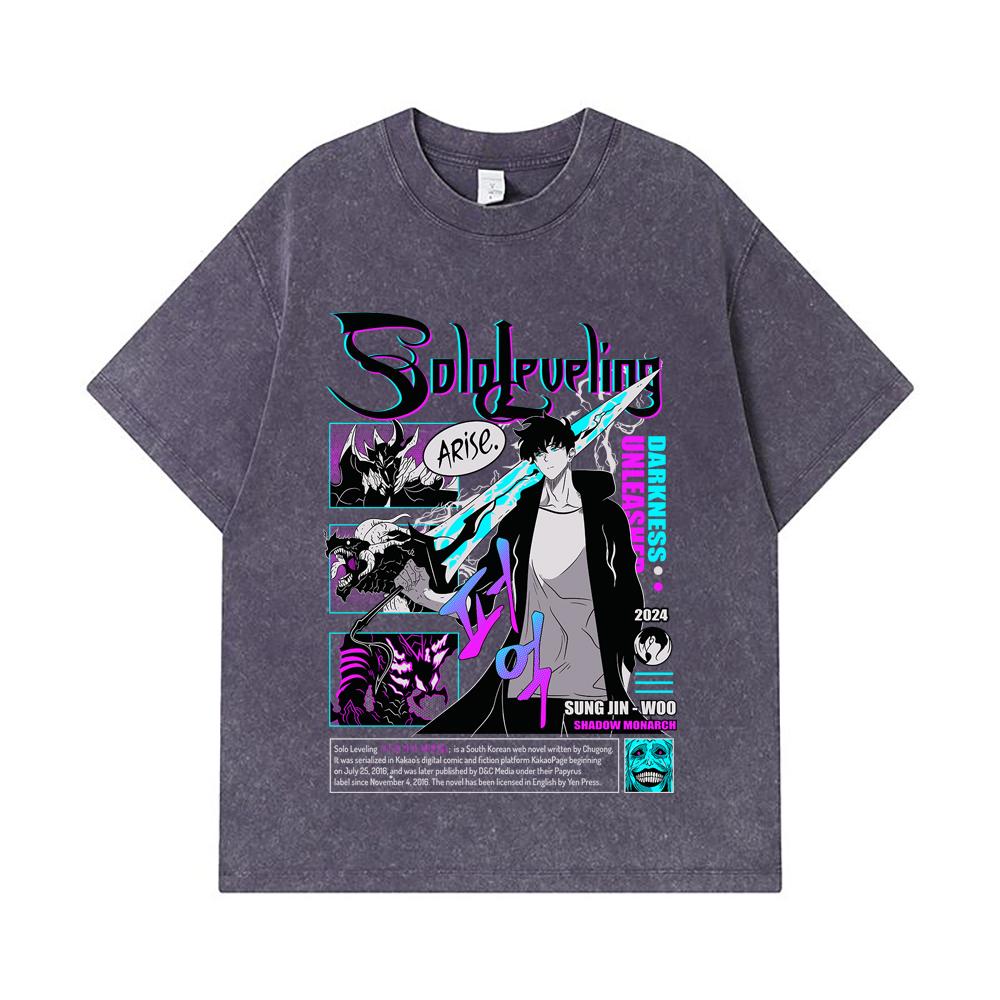 GSM Washed Tshirts Cotton Solo Leveling V Arise Print Unisex Heavy Cotton T Shirt