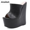Aneikeh/летние модные женские шлепанцы, пикантные туфли на платформе из искусственной кожи на танкетке с открытым носком, римская обувь для вечеринок, сандалии-мулы, размер 35–42, элегантная новинка 2024 г.